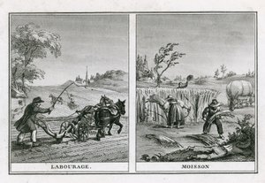 Scènes agricoles de labour et de récolte - French School