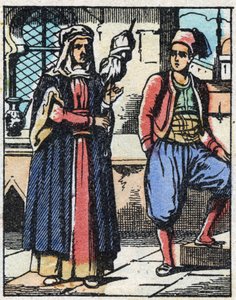 Aladin et sa mère vivant de leur travail. Gravure du conte des Mille et Une Nuits « Aladin et la Lampe Merveilleuse ». Imagerie d
