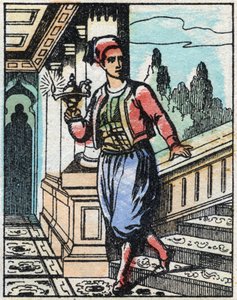 Aladin avec la lampe magique ne retrouve plus son chemin. Gravure du conte des Mille et Une Nuits « Aladin et la Lampe merveilleuse ». Imagerie d