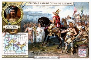 Alaric Ier, roi des Wisigoths, se présente pour la troisième fois devant Rome en 410 et exige la reddition de la ville - vignette publicitaire Liebig - French School