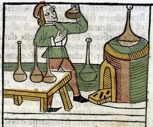 Alchimiste - dans « Les propriétaires des choses corporelles et spirituelles » (livre XVIII) par Glanville, Lyon - French School