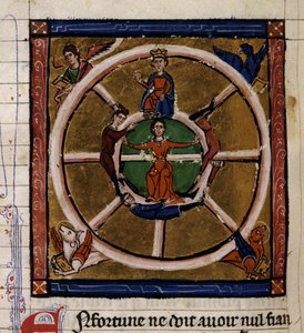 Alexandre III Le Grand (356-323 av. J.-C.) assis sur la roue de la Fortune entourant le Tétramorphe. Miniature du manuscrit « Histoire ancienne à la César », vers 1260-1270 écrite par un clerc au service de la cour de Roger IV, châtelain de Lille