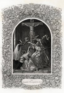 Alexandre VII (Pape de 1655 à 1667) au pied du Christ. Gravure pour illustrer Histoire des papes par Maurice Lachatre (1814-1900), librairie du progrès, Paris. - French School