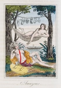 Amazones, illustration de Histoire des voyages autour du monde par J. Dufay, publié par Courvalet & Co., Paris, 1826 (gravure en couleur) - French School