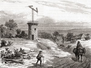 Un poteau de télégraphe aérien au 18ème siècle, des Merveilles de la Science, publié vers 1870 (gravure) - French School