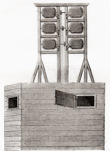 Un système de télégraphe aérien utilisé en Angleterre au 18ème siècle, des Merveilles de la Science, publié vers 1870 (gravure) - French School