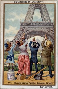 Une ascension de la Tour Eiffel : on peut voir la hauteur de la tour à la longue vue - chromo. Liebig, début 20e siècle - French School