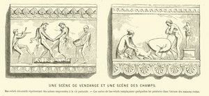 Bas-reliefs romains antiques représentant une récolte de raisin et une scène dans les champs (gravure) - French School