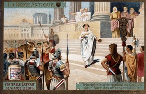 Rome antique : Triomphateur au Capitole pour faire des offrandes à Jupiter - Chromolithographie Liébig, v.1900