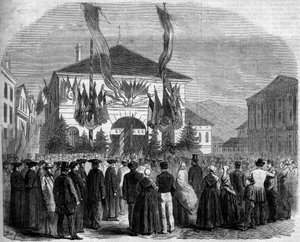 Annexion de la Savoie à la France, Chambéry, 22 avril 1860 : vote de la population sur le rattachement de la Savoie à la France. Gravure dans « Le Monde Illustré » n°160 du 5 mai 1860.