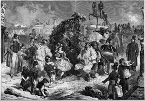 Fête annuelle des petits ramoneurs dans les rues de Londres, Angleterre, mai 1860. Pendant la danse célébrant l