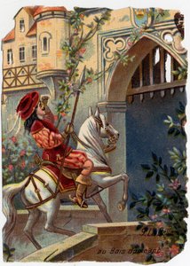 Illustration anonyme pour « La Belle au bois dormant », conte de Charles Perrault (1628-1703), écrivain français : « Après cent ans, le prince atteignit la porte du château... » Chromolithographie. - French School