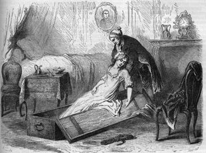 Antoine-François Desrues (1744-1777) empoisonneur français met le corps de sa victime Madame de La Motte dans une malle - Gravure dans « Causes célèbres de tous les peuples » par Armand Fouquier (1817-18?) 1858-1867 - collection privée - French School