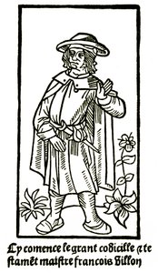 Portrait apocryphe du poète François Villon dans « Le Grand Testament » - « Cy commence le grand codicille & testament maître François Villon » (ici commence le grand codicille et testament) édition P Levet 1489 (gravure sur bois) - French School