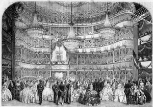 Architecture : vue intérieure du Théâtre Royal (XIXe siècle) à Nice (Alpes-Maritimes, 06), en 1858, lors du bal de charité donné par la Société française d