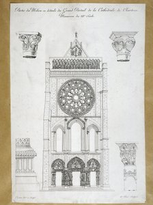 Architecture : vue du grand portail de la Cathédrale de Chartres - Monument du XIIe siècle, planche du XIXe siècle