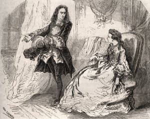 Armande Béjart, épouse de Molière, avec son amant, le comte de Guiche. Gravure de 1871 dans "Histoire Des Cocus Célèbres" de Henry de Kock - French School