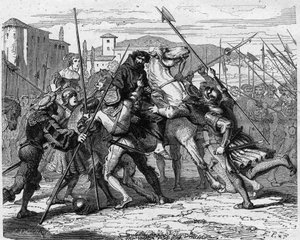 Arrestation de Ludovic Marie Sforza dit le More (Ludovico Maria Sforza detto il Moro) (1452-1508) à Milan en 1500 trahi par des mercenaires suisses, il tomba entre les mains de l