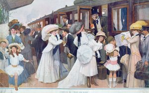 Arrivée des maris par train, 1908 - French School