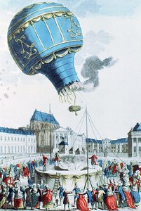 Ascension du ballon à air chaud des frères Montgolfier devant la famille royale à Versailles en 1783 (gravure en couleur) - French School