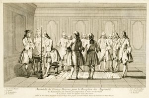 Assemblée de Francs-Maçons pour initier un apprenti, tiré de Les Cérémonies de la Religion et de la Coutume, c.1733 - French School