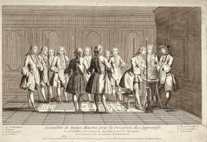 Assemblée de francs-maçons pour la réception des apprentis (gravure) - French School