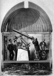 Astronomie : lunette astronomique française transportée à Yokohama (Japon) pour observer le passage de la planète Vénus devant le Soleil. Gravure dans « Le Monde Illustré » n°904 du 8 août 1874 - French School