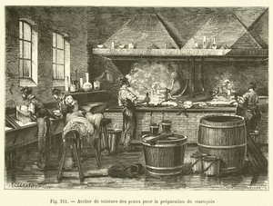 Atelier de teinture des peaux pour la preparation du maroquin - French School