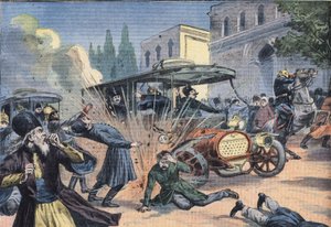 Attaque contre le Shah de Perse Mohammad Ali Shah Qajar (1872-1925). Gravure du journal "Le Petit Parisien" - French School