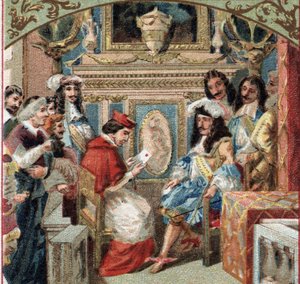 Audience donnée au légat dans la chambre du roi (Louis XIV ?) au château de Versailles. Chromolithographie de la fin du XIXe siècle - French School