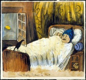 Mauvais présage : une visite nocturne (un couple regardant un corbeau)