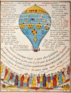 Vol en montgolfière : expérience des frères Montgolfier le 19 octobre 1783 dans le jardin de Monsieur Réveillon, faubourg Saint Antoine à Paris. Gravure d