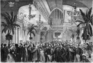 Banquet du journal « Le Figaro », donné le 6 février 1864 dans le salon du Restaurant du Passage des Princes à Paris, auquel assistent journalistes, écrivains, artistes... Sont présents, de gauche à droite : Nestor Roqueplan, Mme Ugalde, de Montaut, Peter - French School