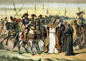 Invasions barbares - Attila et Saint Léon I le Grand (440-461) : le barbare Attila, chef des Huns, rencontre le pape Saint Léon le Grand qui réussit à le convaincre d