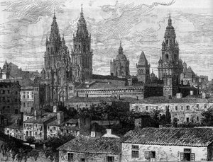 Art baroque : vue de la cathédrale de Saint-Jacques-de-Compostelle. Espagne. Gravure dans « Le Monde Illustré » n°1220 du 14 août 1880 - French School