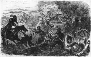 Bataille de Coutras en 1587, remportée par Henri de Navarre, futur Henri IV. Dans "Histoire Populaire de la France", sd. vers 1885. Gravure. - French School