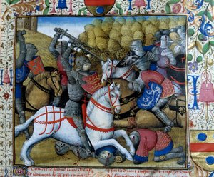 Bataille de chevaliers (miniature du manuscrit « Le roman de Tristan ») - French School