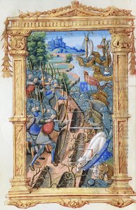Scène de bataille entre archers et cavalerie, avec château et navires, vers 1495-1500 - French School