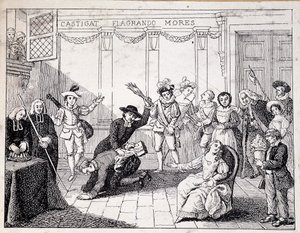 Beaumarchais fouettant à Saint Lazare - scène de fustigation par Beaumarchais, tenant en main la brochure de la Folle journée - d