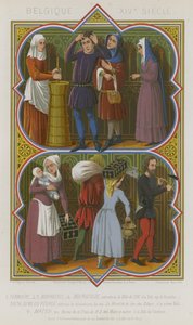 Représentations belges du 14e siècle de travailleurs agricoles, bourgeois, gens du commun et un maçon - French School