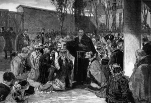 Bénédiction des fidèles dans la cour des Capucins rue de la Santé à Paris le 30 octobre 1880, avant leur expulsion suite aux décrets de mars 1880 émis par Jules Ferry, qui supprimaient le droit d
