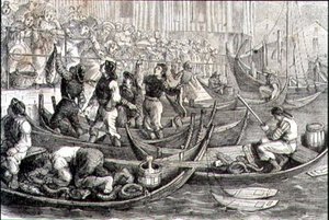 Marché aux poissons de Bergen dans les années 1860 - French School