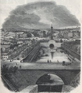 Vue aérienne du Canal Saint-Martin, de la Place et du quartier de la Bastille, prise de la rive droite de la Seine - Gravure dans « Tableau-de-Paris » par Edmond Texier 1852 - French School