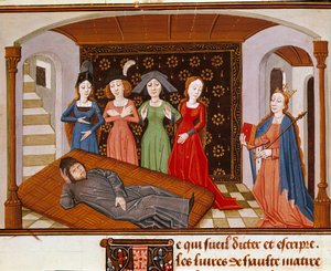 Boece (Boezio) entouré de la Philosophie et des Muses. Miniature tirée de « De Consolatione Philosophiae » (Consolation de la Philosophie) de Boece (ou Anicius Manlius Torquatus Severinus Boetius ou Boethius) traduit par Jean de Meung (1240-1305). Rouen. B - French School