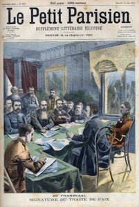 Guerre des Boers. La signature du traité de paix du Transvaal entre les chefs boers et le général britannique Horatio Herbert Kitchener (1850-1916) à Pretoria, Afrique du Sud. Gravure dans "Le Petit Parisien" - French School