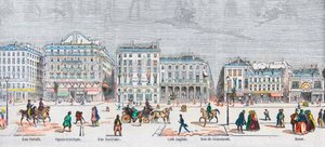 Boulevard des Italiens côté sud - Rue Favart - Opéra comique - Rue Marivaux - Café Anglais - Rue Grammont - Bazar - Gravure dans «Tableau-de-Paris» par Edmond Texier 1852 - French School
