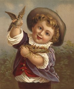 Garçon tenant un oiseau et son nid (chromolitho) - French School
