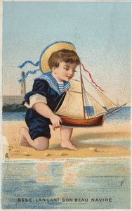 Garçon jouant avec un bateau à voile jouet - French School