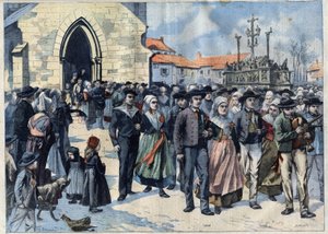 Coutume bretonne : Mariage traditionnel à Plougastel (Finistère, Bretagne). Les mariés quittent l