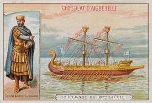 Burchard, commandant militaire du règne de Charlemagne, et un navire de guerre du 9ème siècle - French School